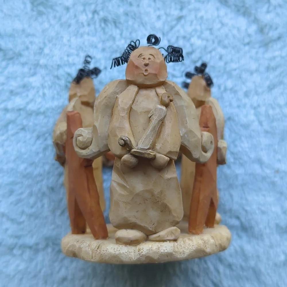 Unique Votive Candle Holder Angels and Stars Carved Look With Wire Hair